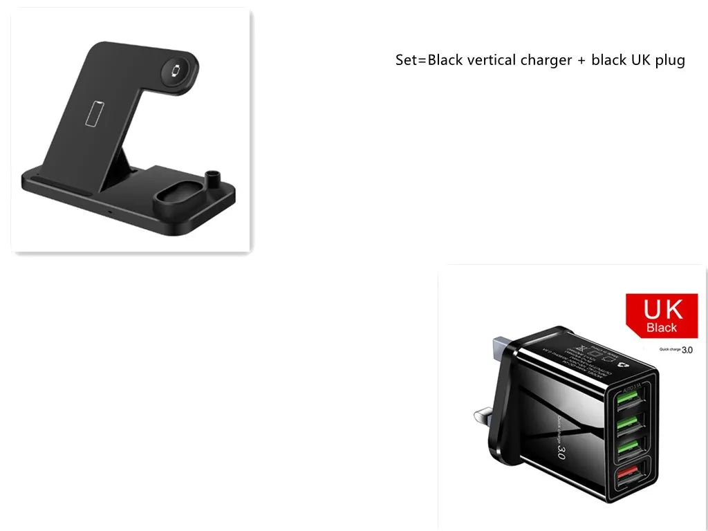 Black 4-in-1 wireless charging dock with phone on adjustable stand, Apple Watch, AirPods, and Apple Pencil charging simultaneously.