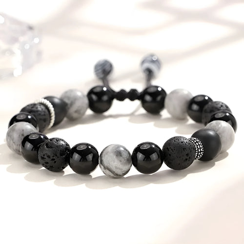 Black agate map stone volcanic rock bracelet with diamond-shaped beads and electroplated finish