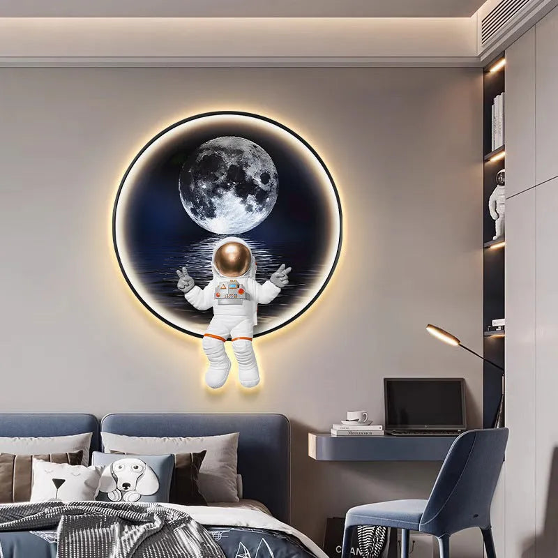 Spaceman-themed canvas wall painting for a child's bedroom, shown in three sizes with optional LED lighting.