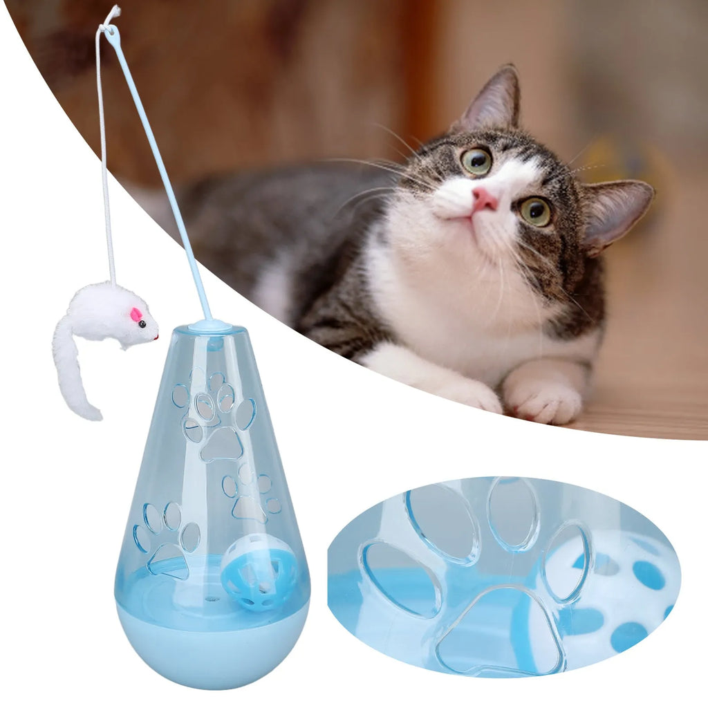 Blue and yellow cat toy with bell ball, plush mouse stick and snack dispenser