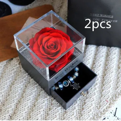 Eternal flower gift box with artificial roses, measuring 8.5cm wide and 10.5cm high