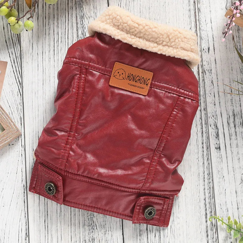 Two-legged PU pet leather coat in red for small dog, fleece-lined with British-style design