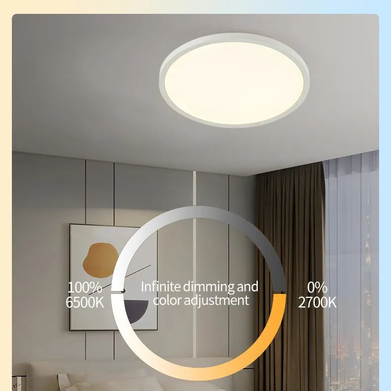 Round flat LED ceiling light 24W with RGB backlight in white frame on a bedroom ceiling