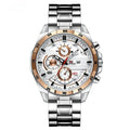 Men's casual quartz watch with business calendar on leather strap in rose gold and black colourway.