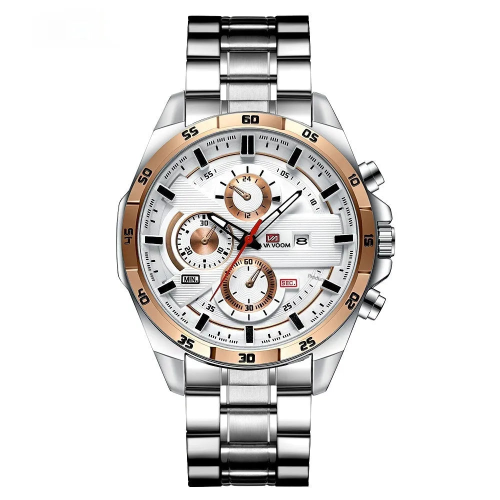 Men's casual quartz watch with business calendar on dial, showing black leather strap and rose gold case option.