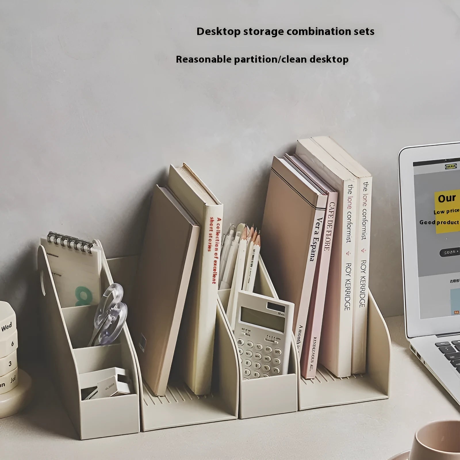 Plastic desktop storage box with two grids, in Milk Coffee colour.