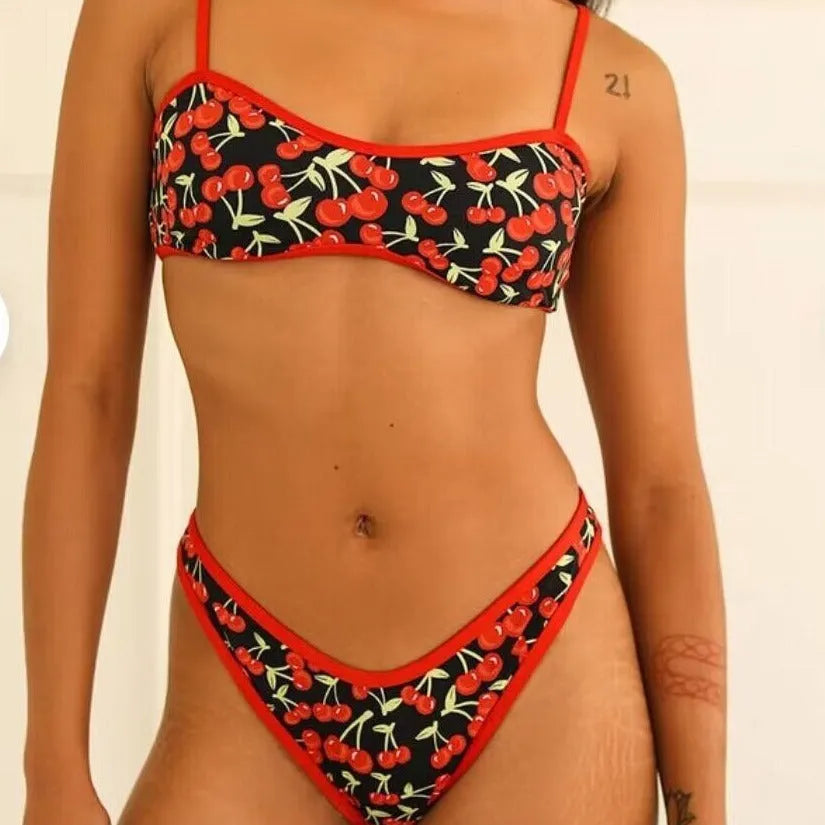 Women's cherry print tube top bikini swimsuit in polyester fabric
