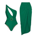 Women's one-piece swimsuit with gauze skirt showing double shoulder and oblique shoulder style options