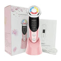 Seven-mode EMS iontophoresis beauty instrument in pink with USB charging cable