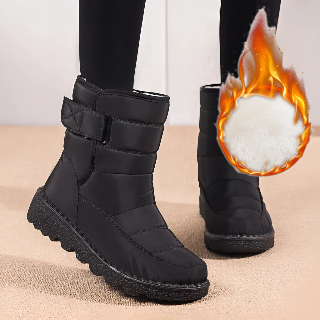 Women's waterproof snow boots with canvas upper, PU sole, buckle closure, and belt decoration