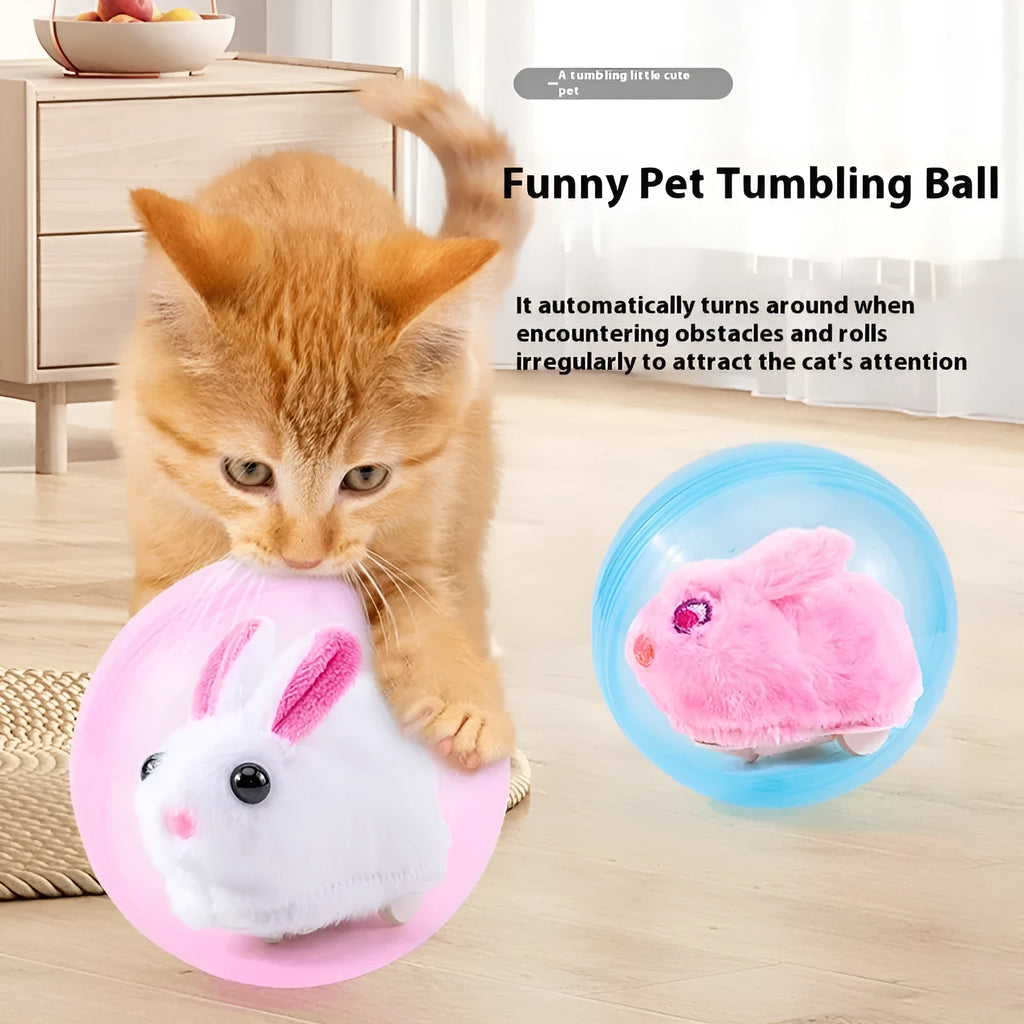 Hamster rolling ball toy with clear plastic sphere and soft plush interior in beige hamster design