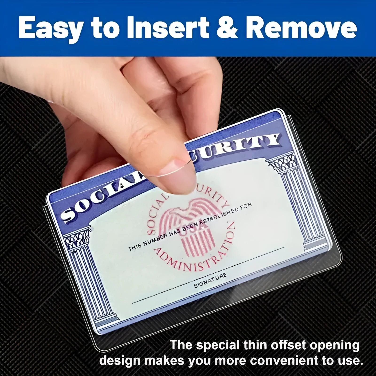 Clear transparent PVC social security card holder measuring 9.7 by 5.9 centimetres.