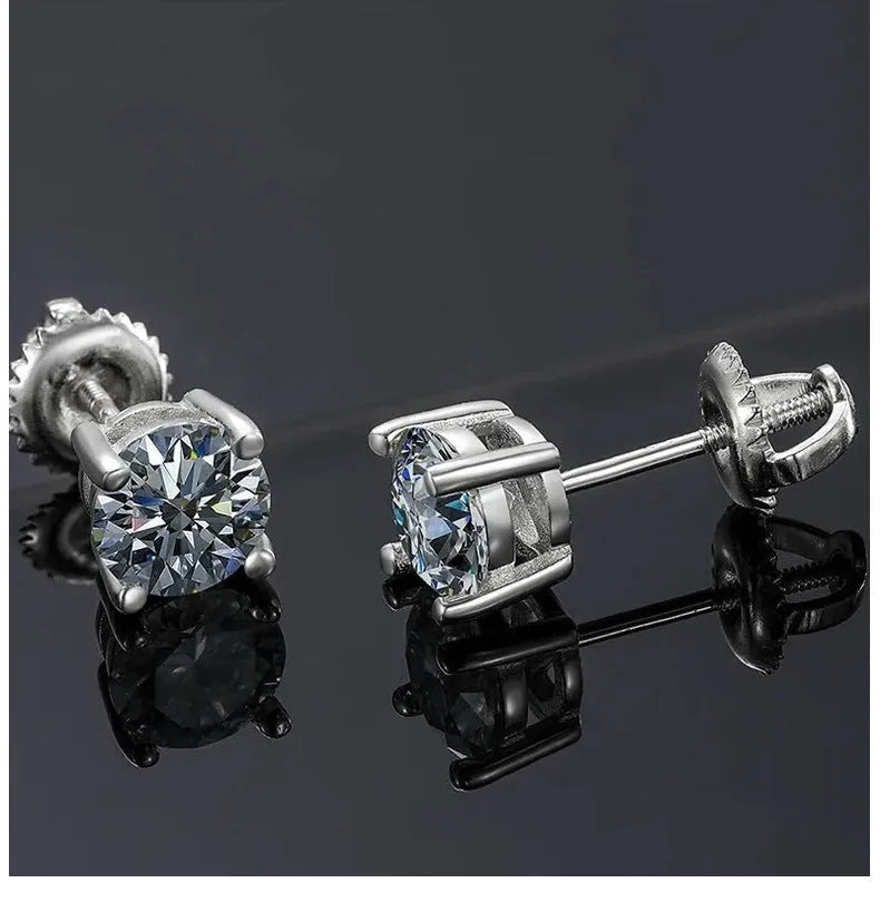 Women's silver moissanite screwback stud earrings with geometric shape and four-claw setting