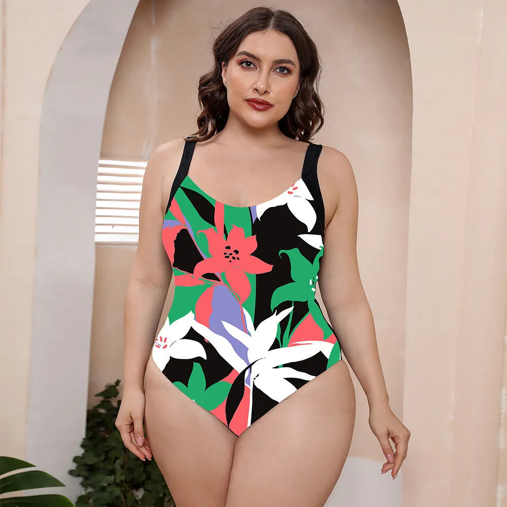 Floral print one-piece swimsuit with spaghetti straps and conservative vest design