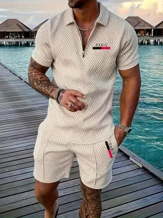 Men's casual retro plaid beach suit set with Paris heat transfer patch short sleeve T-shirt and shorts in multiple colours