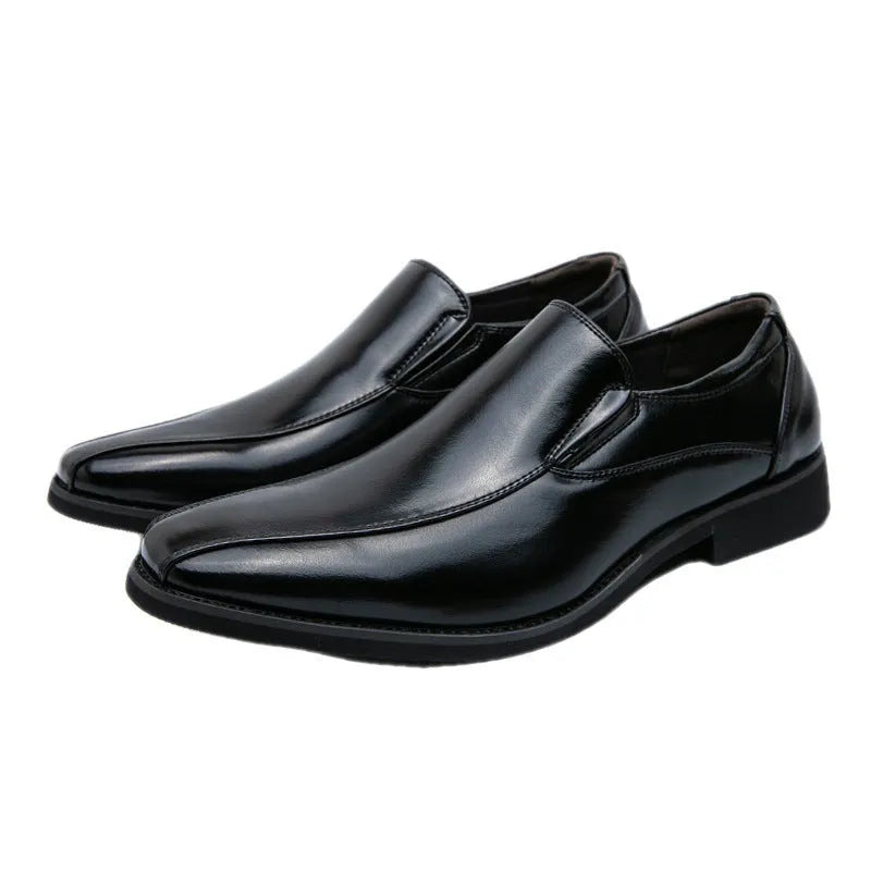 Men's black patent leather pointed toe shoes with a flat rubber sole and leather lining.