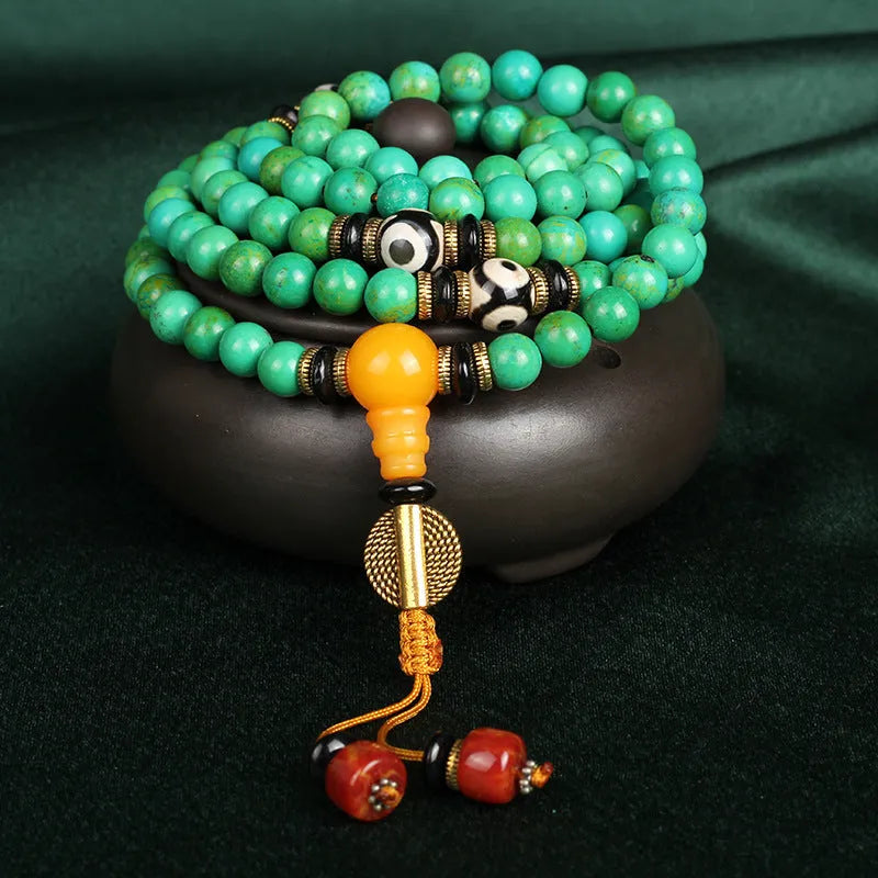 Natural turquoise bracelet with 108 polished 8mm beads in national style design