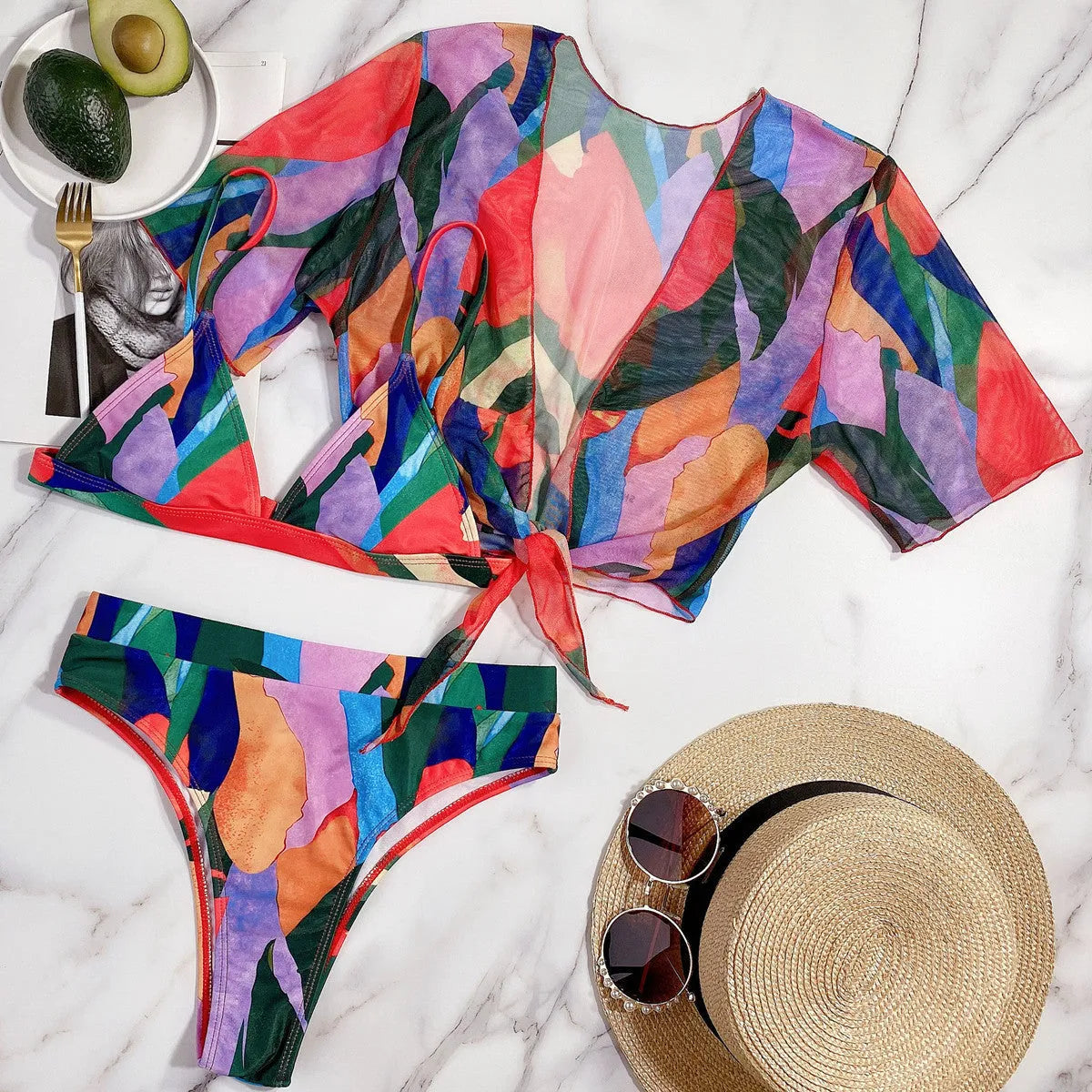 Red women's printed split swimsuit with triangle bikini briefs