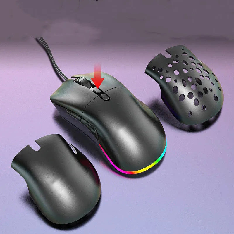M88 hollow wired and wireless gaming mouse with perforated shell and USB cable on desk
