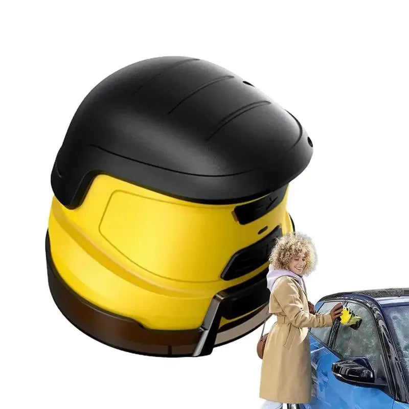 Yellow cordless electric car snow scraper with funnel shape and USB charging cable