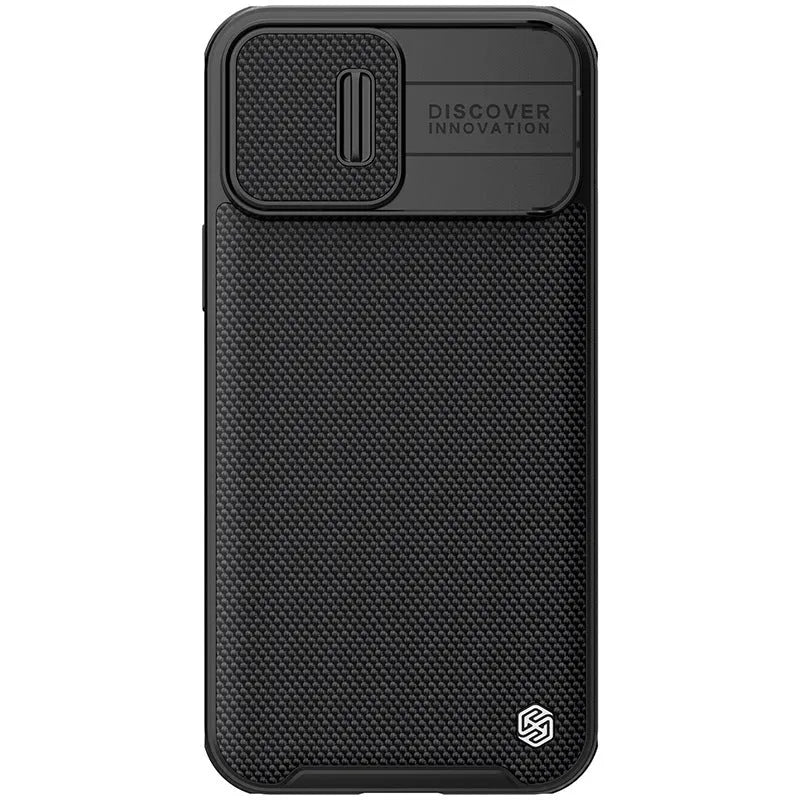Black textured sliding back cover protective case for iPhone 13 Pro Max, made from PC and TPU.