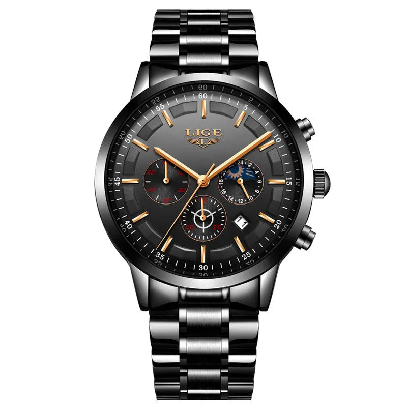 Men's black and rose red gold waterproof quartz sports watch with business styling and 12mm case