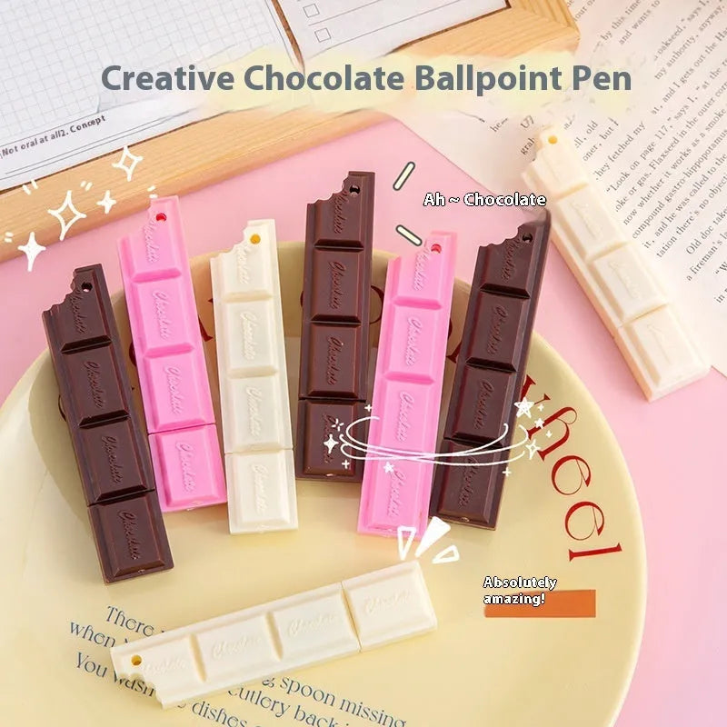 Chocolate ballpoint pen with 0.5mm tip in pink, beige, and brown colour options
