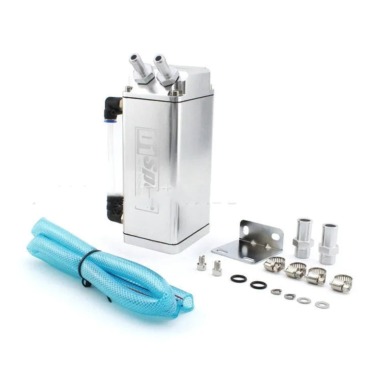 Car modification oil catch tank in choice of black, blue, red, or silver colour with square or round design