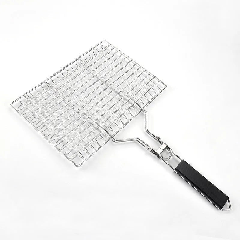 Square stainless steel folding barbecue grill mesh basket with a wire brush