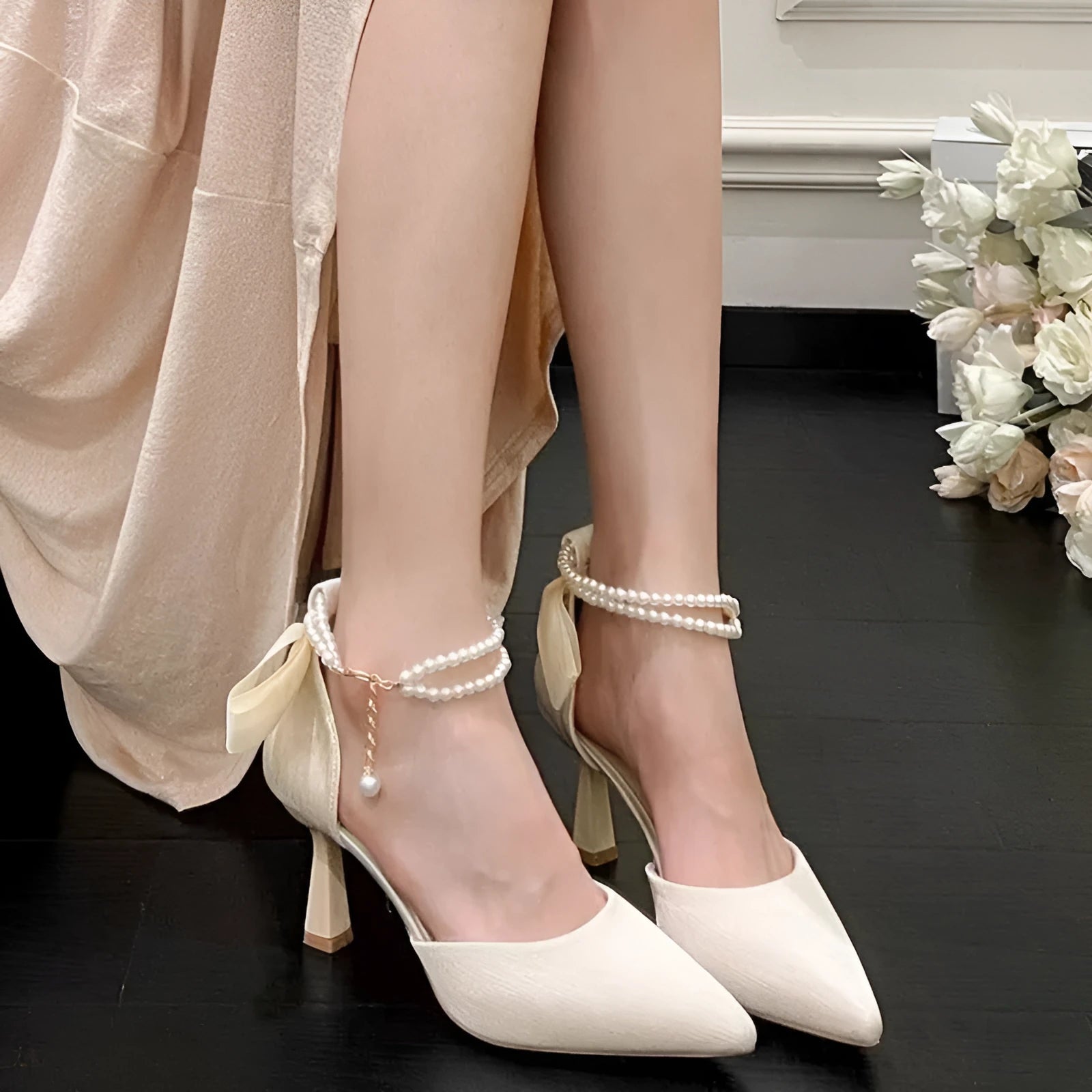 Women's fairy bow high heels in apricot with 6cm wine glass heel, side view