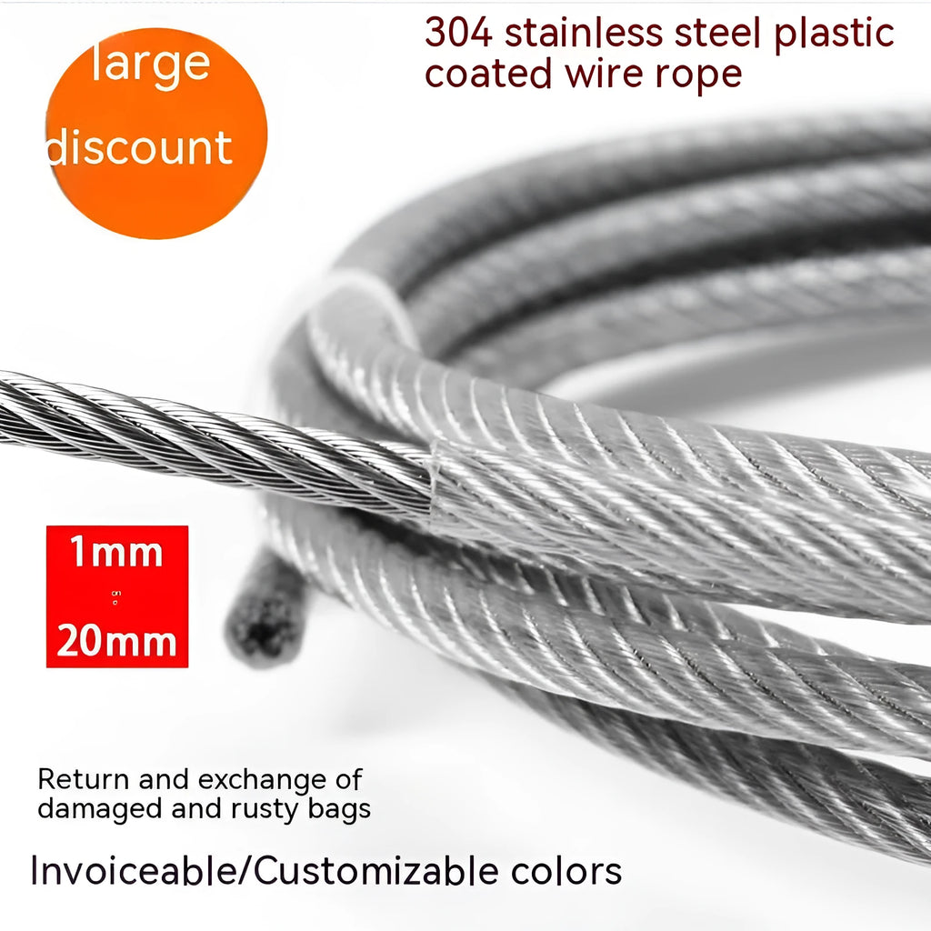 Coiled 304 stainless steel anti-theft security wire rope with a black coated finish on a grey background.