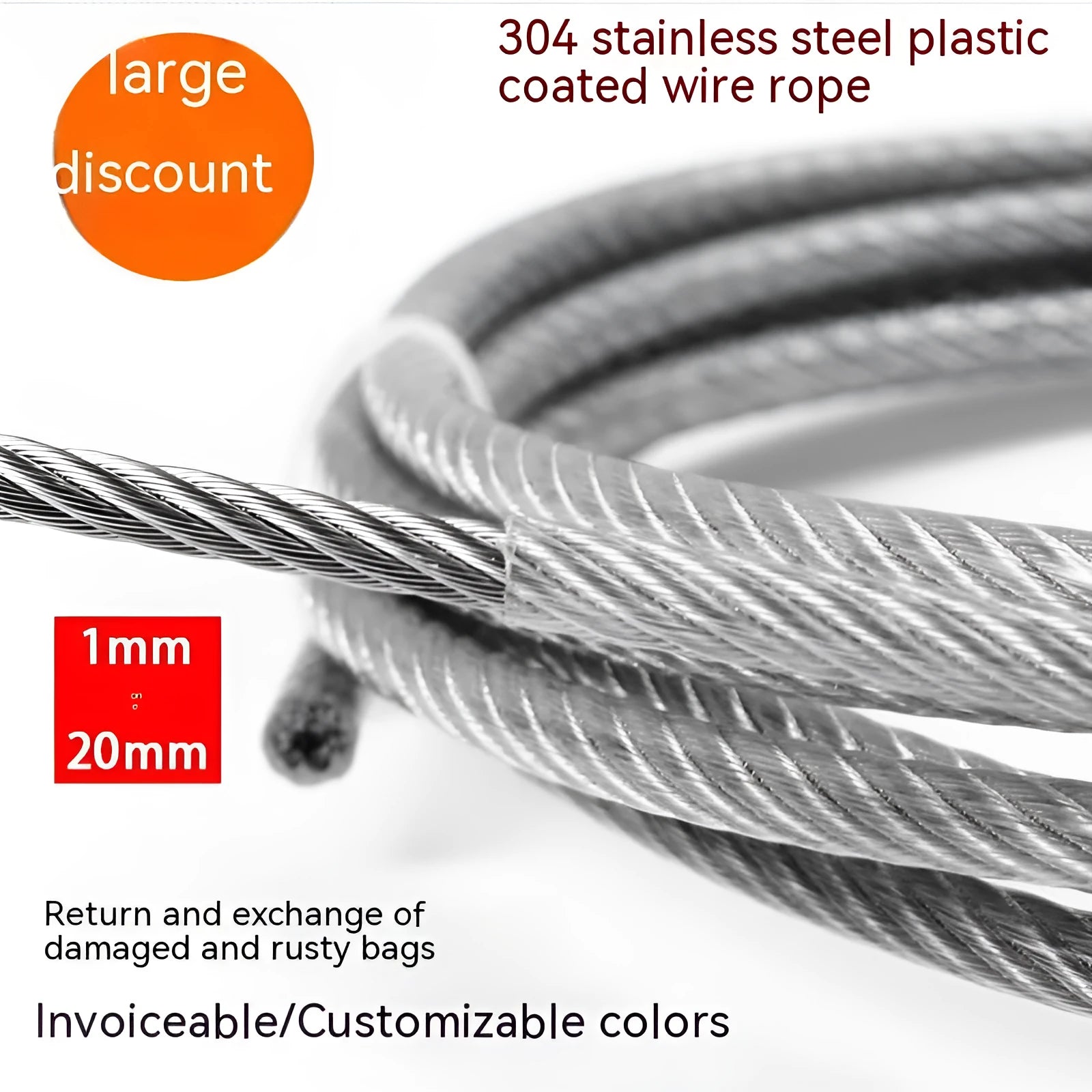 Coiled 304 stainless steel anti-theft security wire rope with a black coated finish on a grey background.