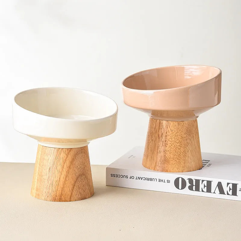 Ceramic pet bowl for cats and small dogs in beige with elevated rim, food and water dish