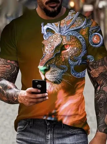 Men's black T-shirt with a large detailed fierce lion graphic print on the front
