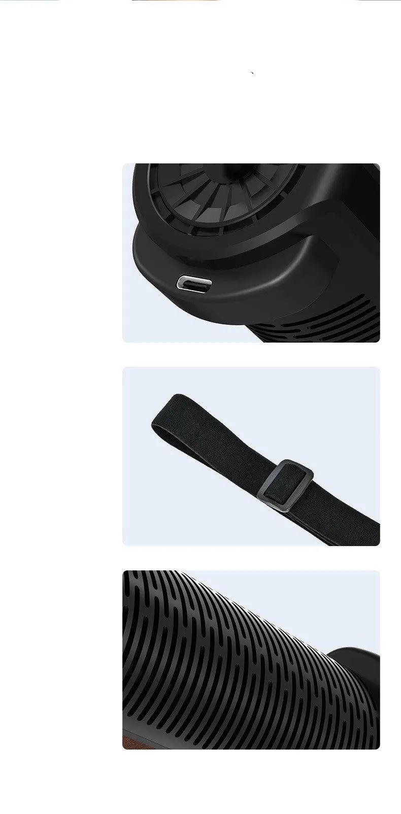 Compact black bladeless car fan mounted on a dashboard with USB cable connected.