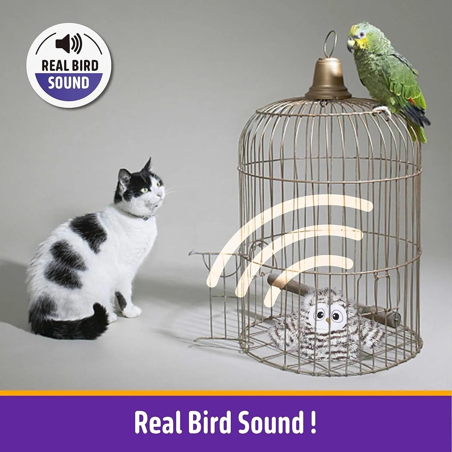 Grey automatic owl cat toy with flapping wings on a flat surface