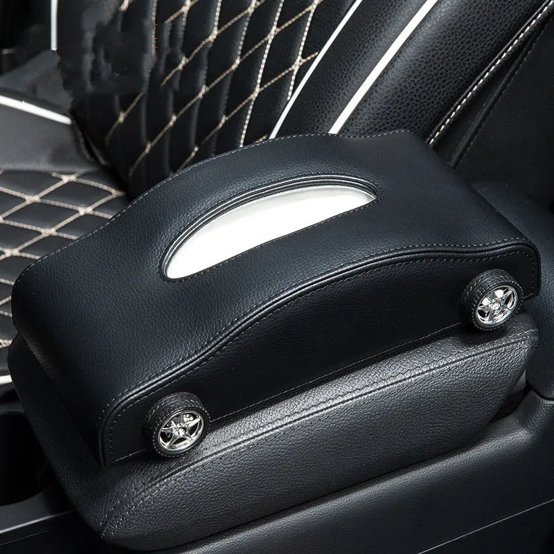 Leather car tissue box with stop sign on dashboard, black colour, 24 cm size, multifunctional interior accessory