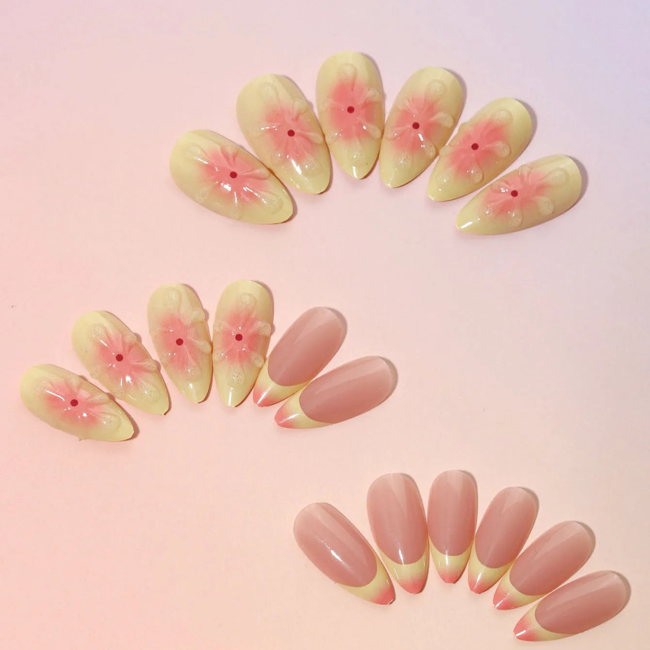 Simple fake nails set with 3D cartoon flower designs, jelly glue, and filing strip, colour TY-318.