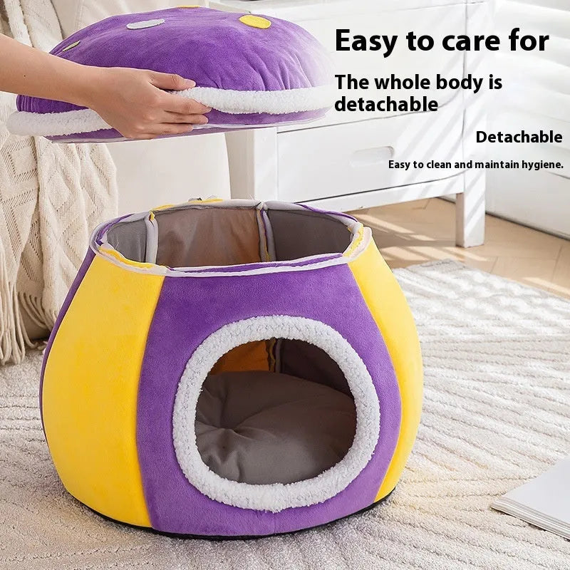 Grey mushroom-shaped plush cat bed with a detachable blanket inside, showing enclosed design.