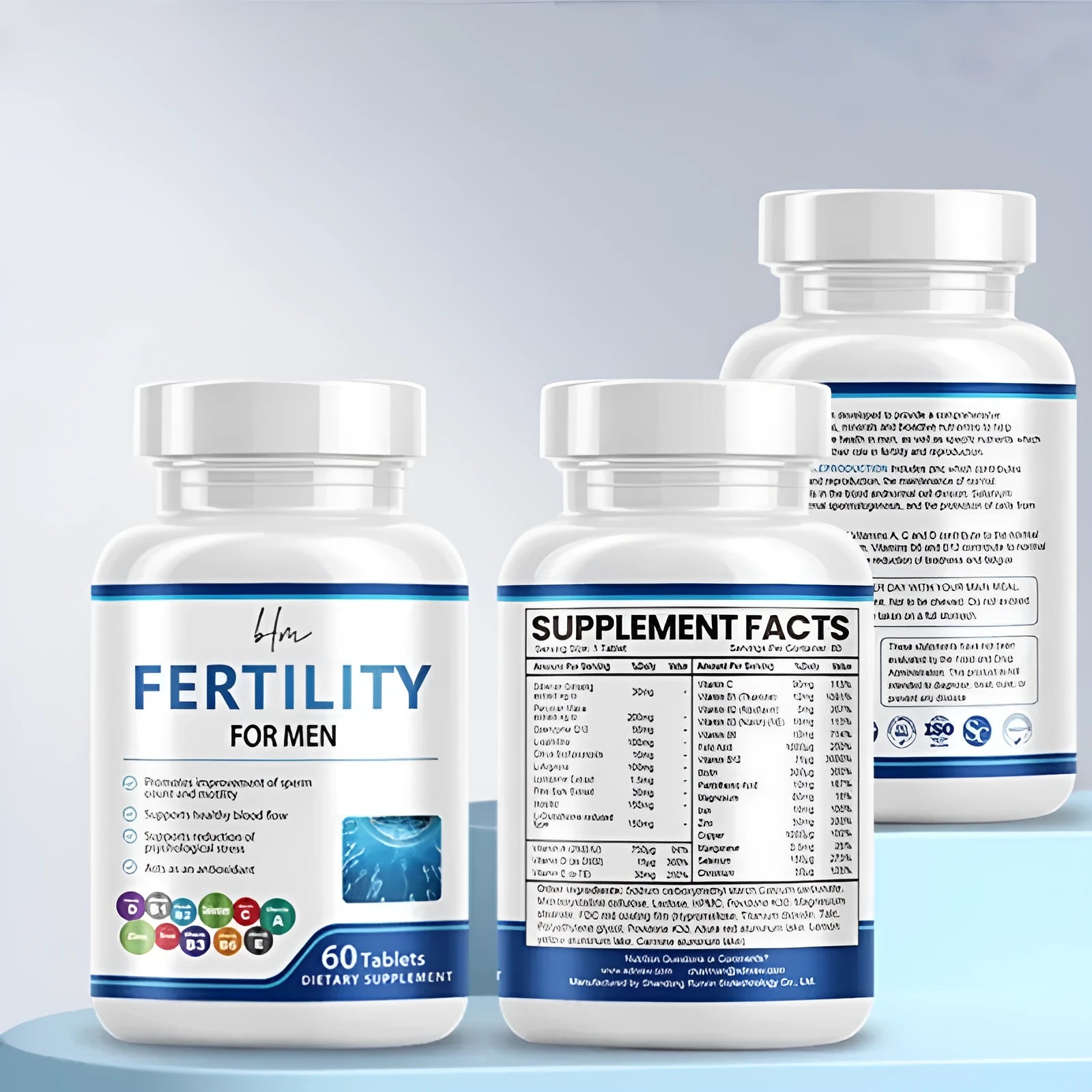 Bottle of 60 male fertility tablets with COMLEX vitamin mineral amino acids supplement formula