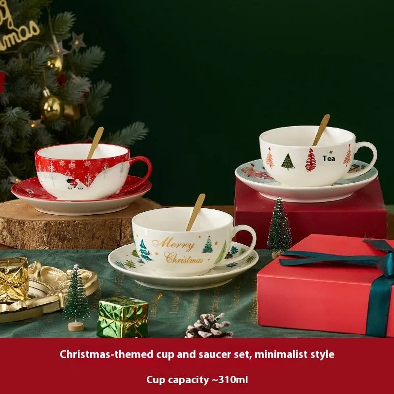 Ceramic tea set with gold-plated teapot and matching cup on dish, snowflake pattern, gift box