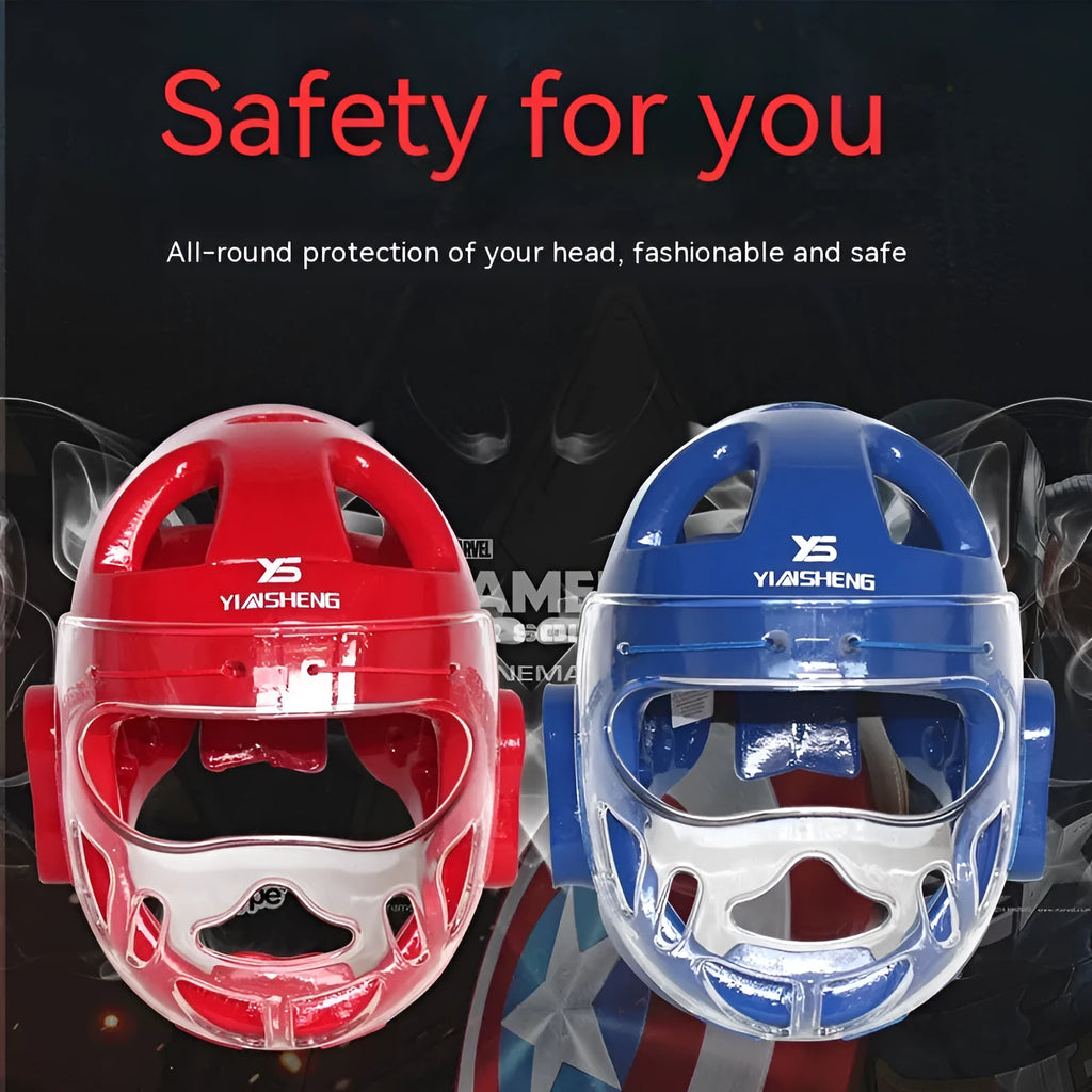 Blue, red, or white karate protective helmet for boxing head guard safety equipment.