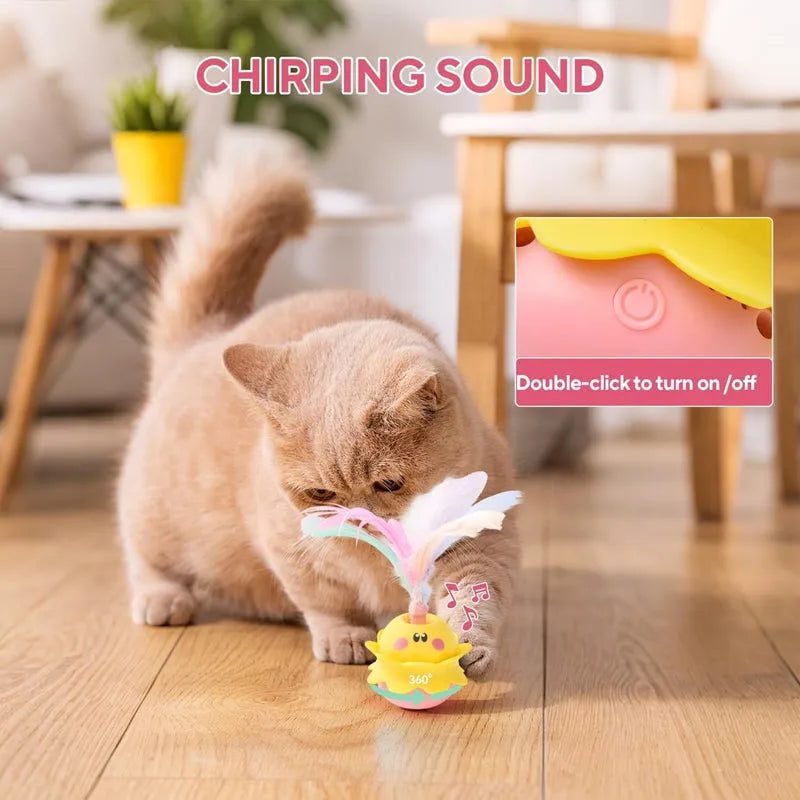 Pink interactive automatic cat feather toy with rotating LED lights and detachable feathers