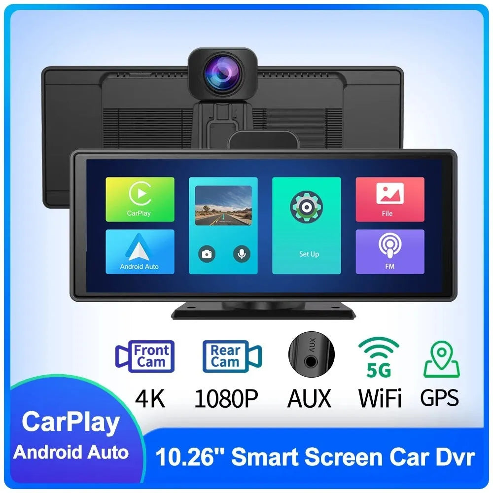 10.26-inch touch screen car DVR mounted on windscreen, showing split view of front road and rear camera footage.