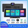 10.26-inch touch screen car DVR mounted on windscreen, showing split view of front road and rear camera footage.