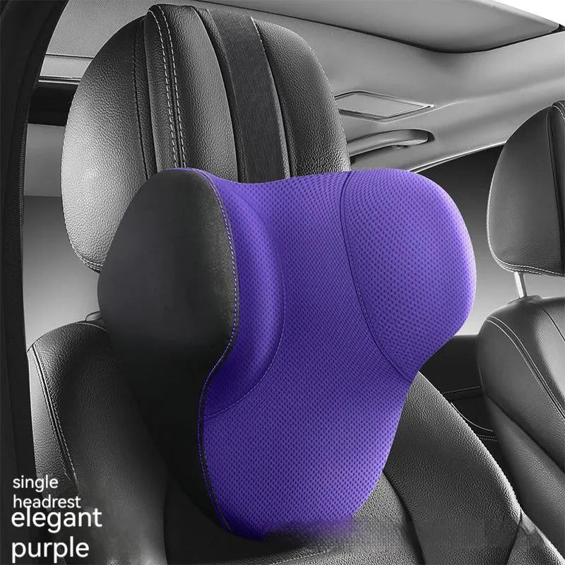 Memory foam and latex car lumbar support pillow and matching headrest with knitted fabric cover.