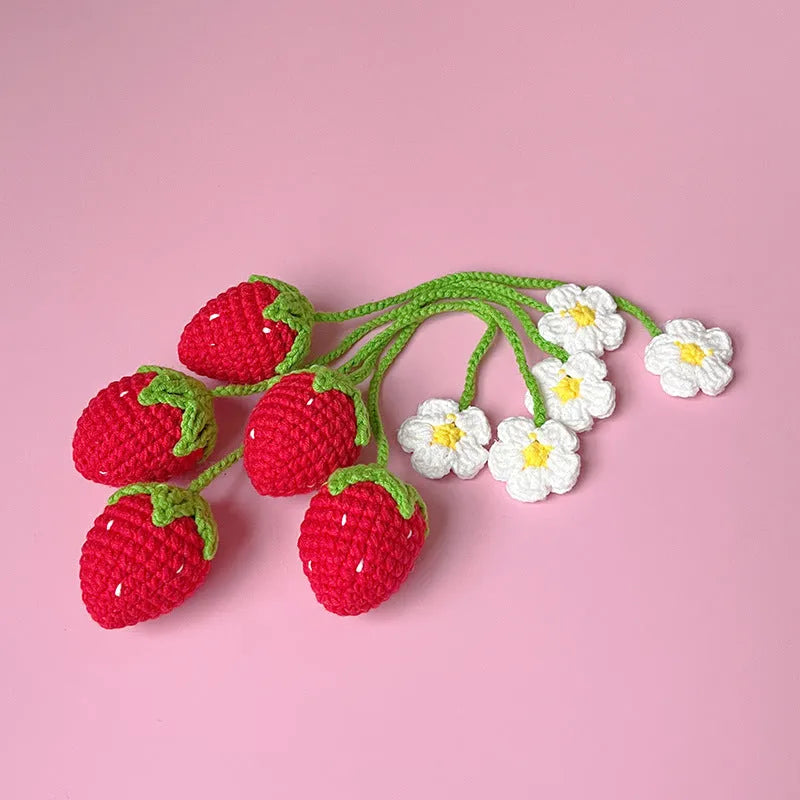 Handcrafted wool crochet strawberry pendant necklace on 35cm chain in red or pink colour options