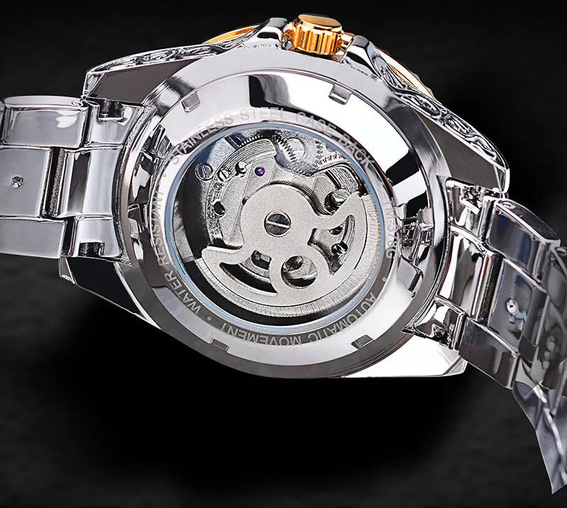 Yellow Forsining skeleton tourbillon mechanical watch with stainless steel case and bracelet