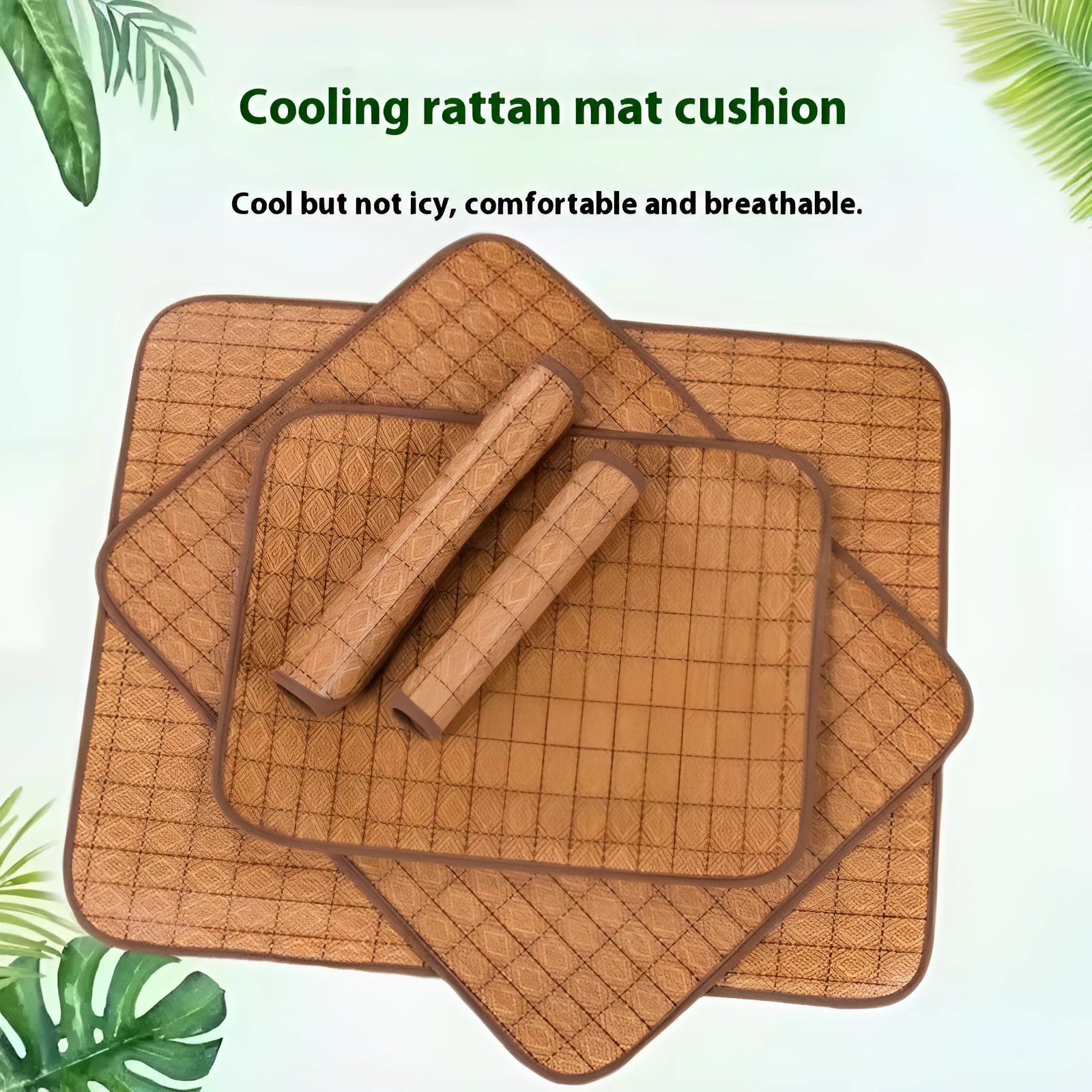Brown rattan fibre cooling mat for dogs, shown in a large size for summer use.