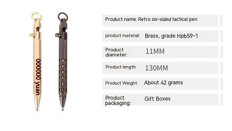Brass hexagonal bolt action rollerball pen with retro six-angle design